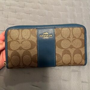 Coach Long Zip Around Wallet - Brown and Blue Signature Canvas